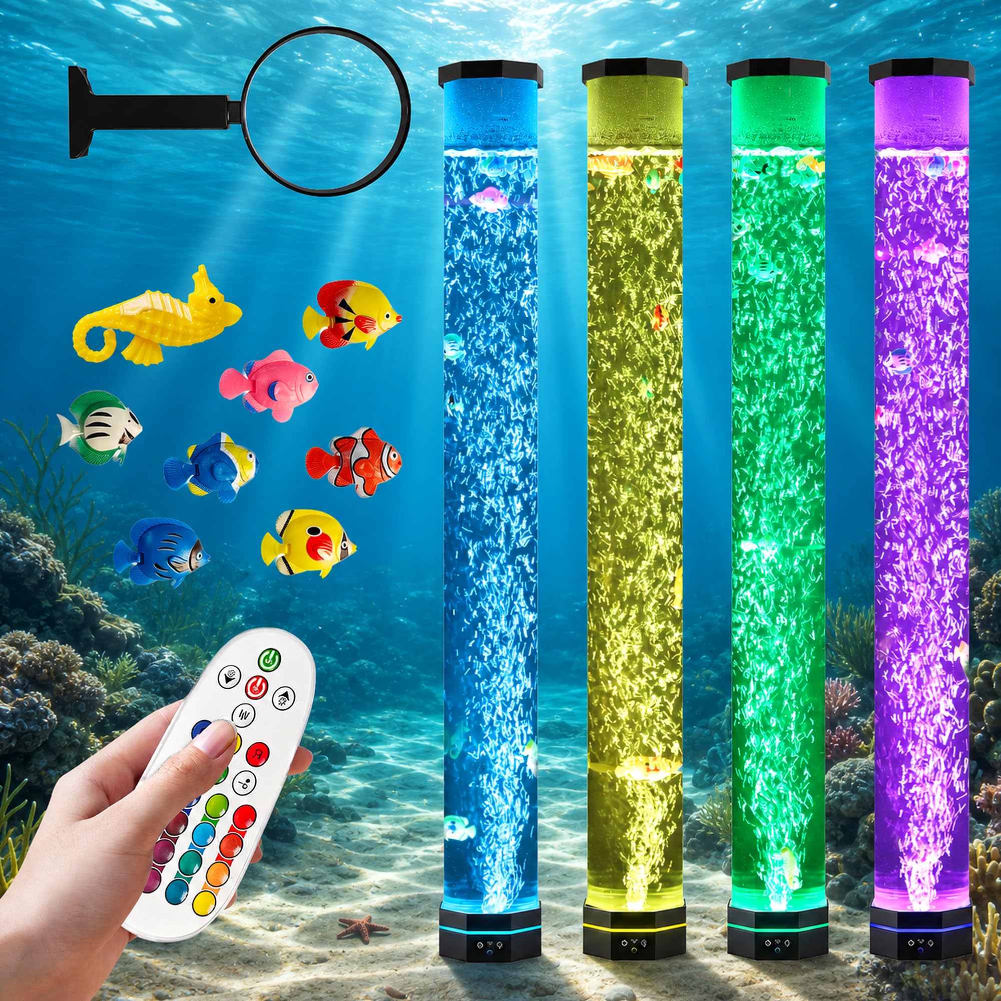 4FT Sensory Bubble Lamp, 9 Floating Fish, 16 Color LED | Remote control, 120mm extra-wide tube, 3-speed bubbles; for bedroom, living room, office and sensory room