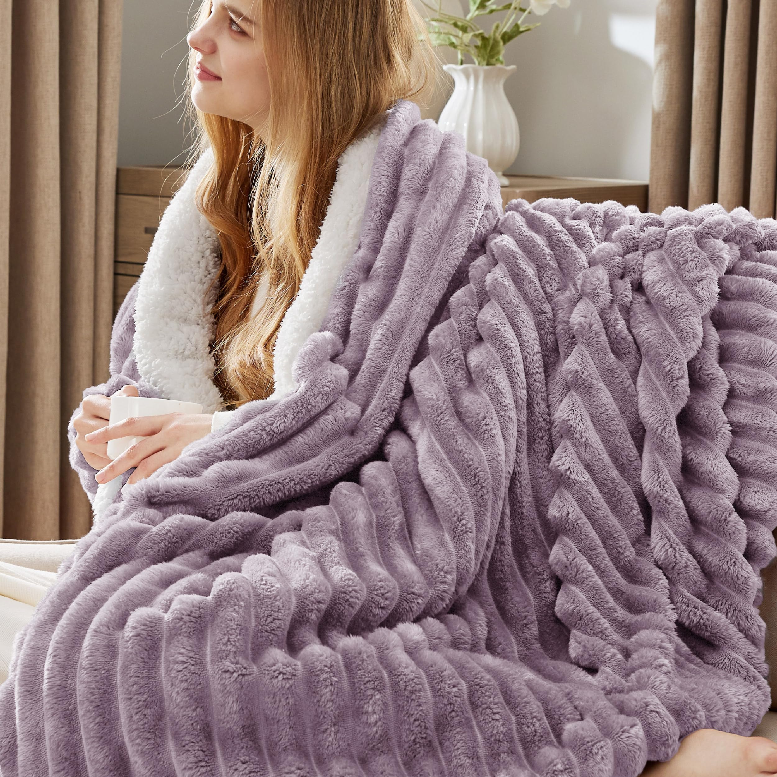Bedsure Sherpa Throw Blanket for Couch - Super Soft, Comfort Cozy Fleece Thick Warm Blanket for Women, GentleSoft Plush & Fluffy Spring Throw Gift for Women, Room Decor, Beige, 50x60 Inches