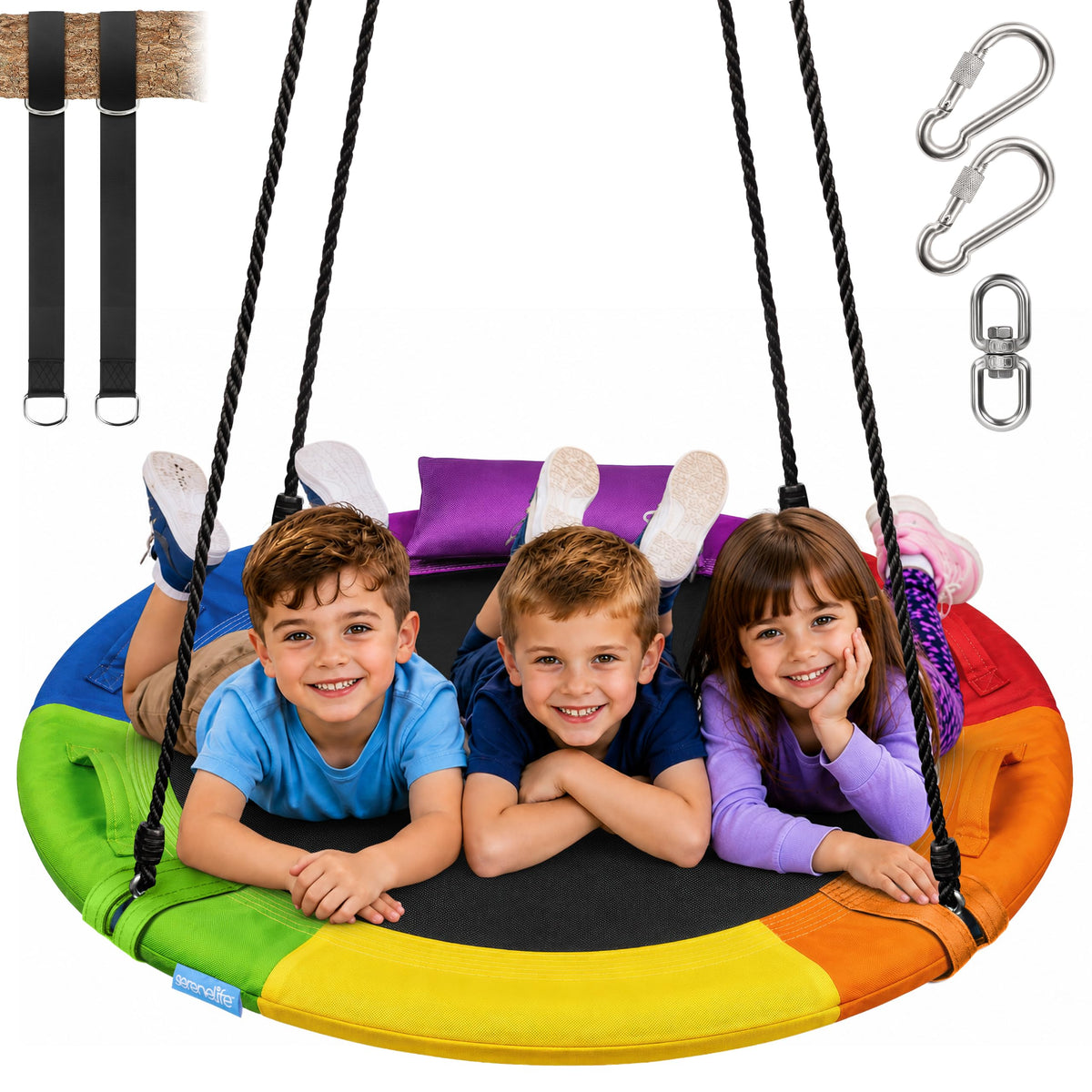 SereneLife Saucer Swing, Tree Swing, 40 Inch, 900lb Heavy Duty Capacity for Kids, 900D Oxford Waterproof Seat, Adjustable Height Ropes, 2 Strap Tree Hang Kit, Center Swivel Spinner, Black