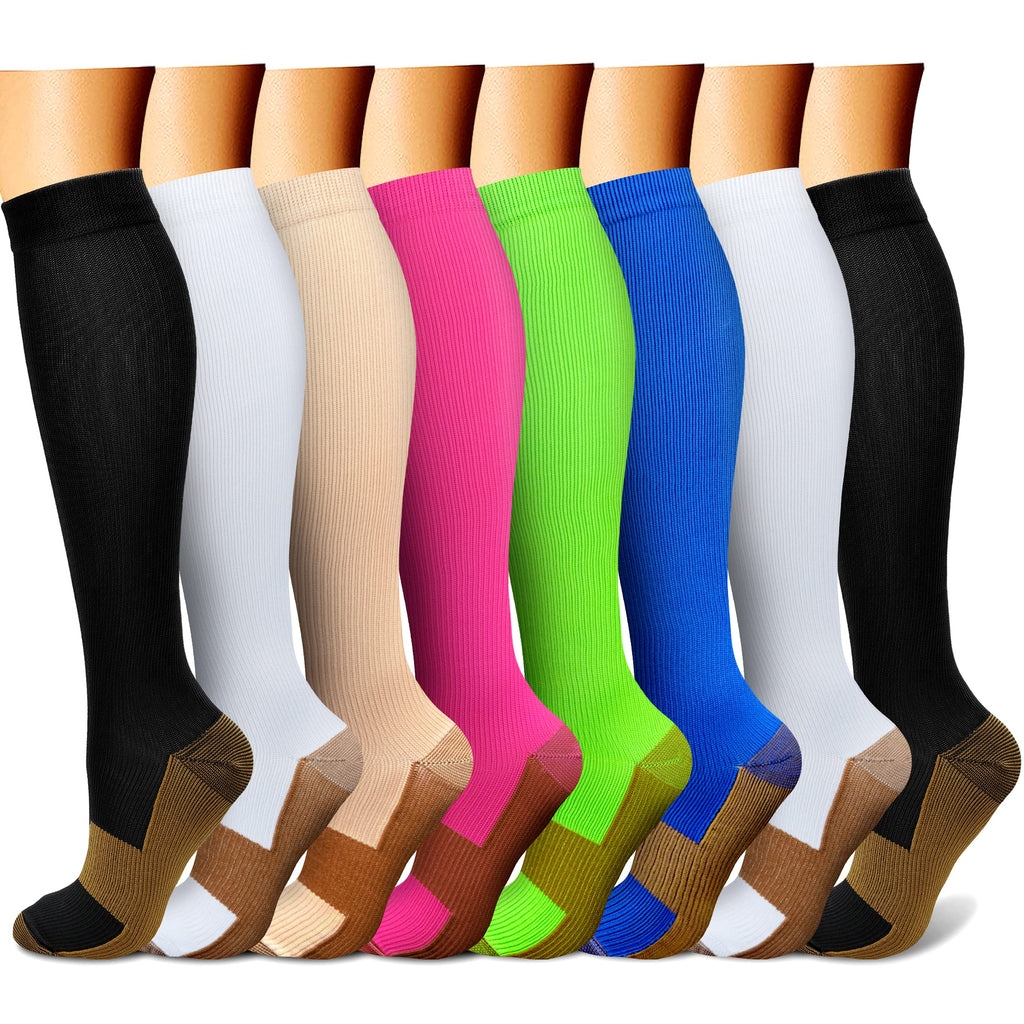 FEYHAY Copper Compression Socks (8 Pairs) 15-20 mmHg Circulation is Best Athletic & Daily for Men & Women, Running, Climbing