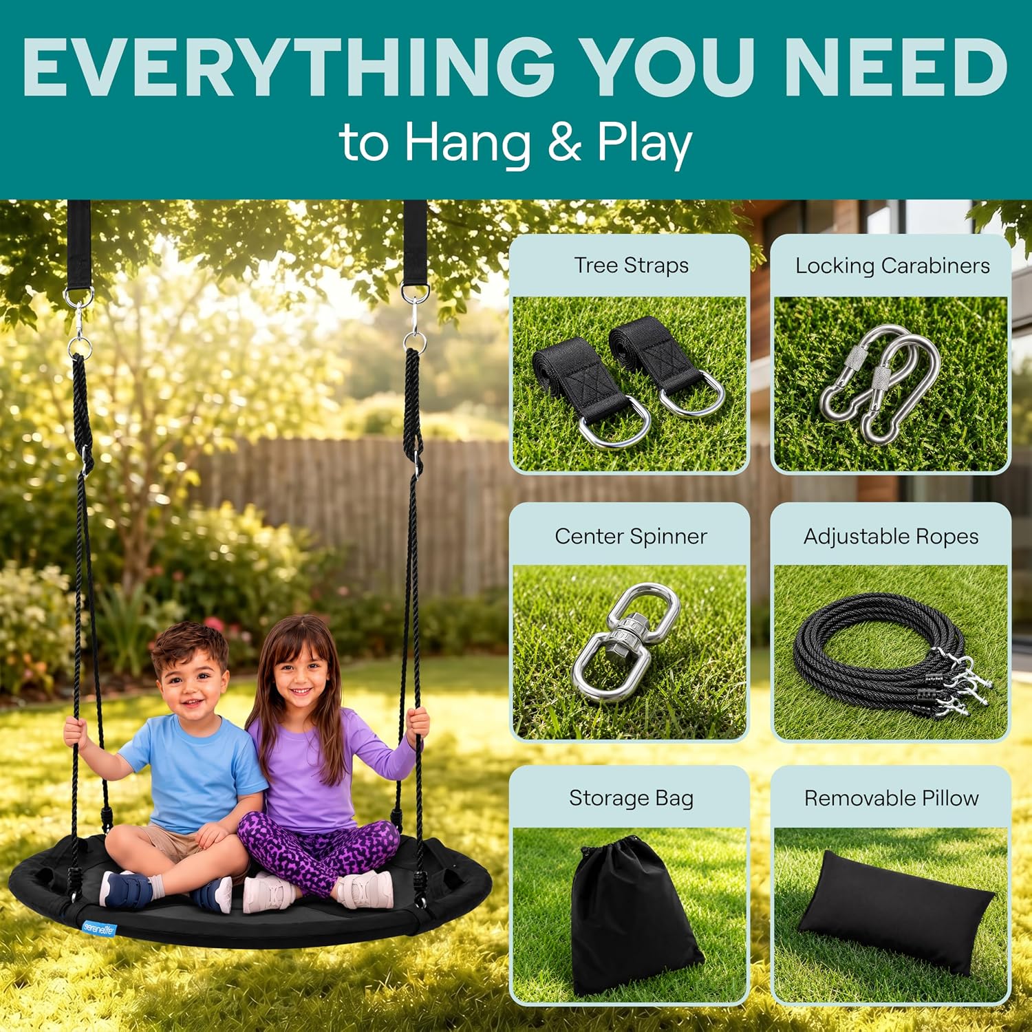 SereneLife Saucer Swing, Tree Swing, 40 Inch, 900lb Heavy Duty Capacity for Kids, 900D Oxford Waterproof Seat, Adjustable Height Ropes, 2 Strap Tree Hang Kit, Center Swivel Spinner, Black