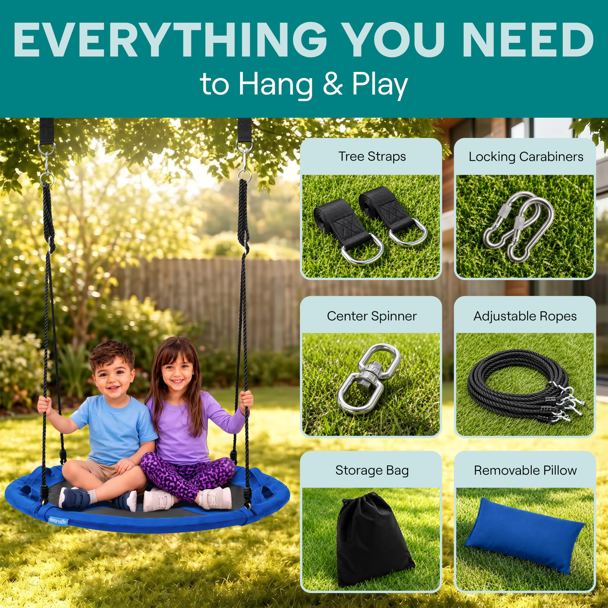 SereneLife Saucer Swing, Tree Swing, 40 Inch, 900lb Heavy Duty Capacity for Kids, 900D Oxford Waterproof Seat, Adjustable Height Ropes, 2 Strap Tree Hang Kit, Center Swivel Spinner, Black
