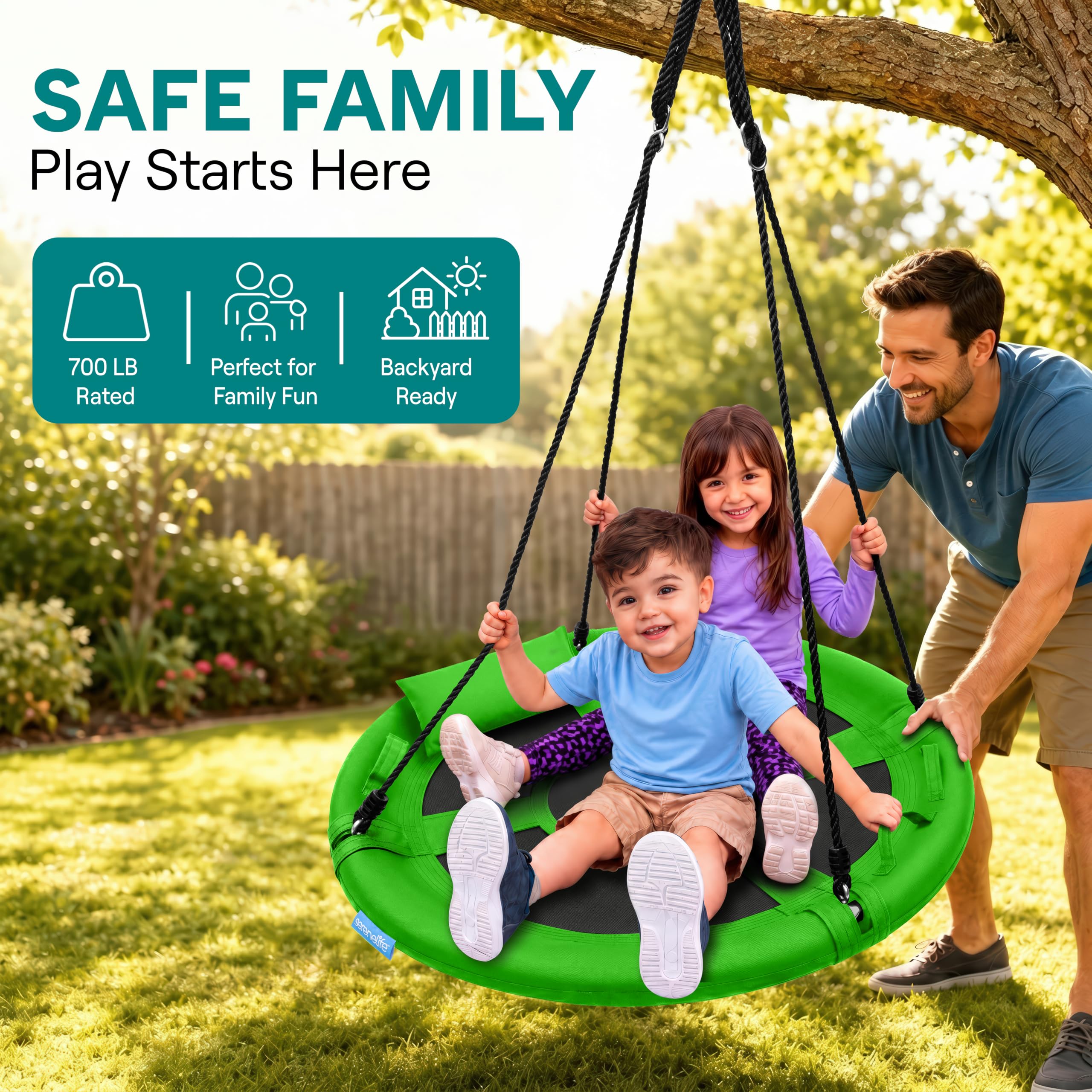 SereneLife Saucer Swing, Tree Swing, 40 Inch, 900lb Heavy Duty Capacity for Kids, 900D Oxford Waterproof Seat, Adjustable Height Ropes, 2 Strap Tree Hang Kit, Center Swivel Spinner, Black