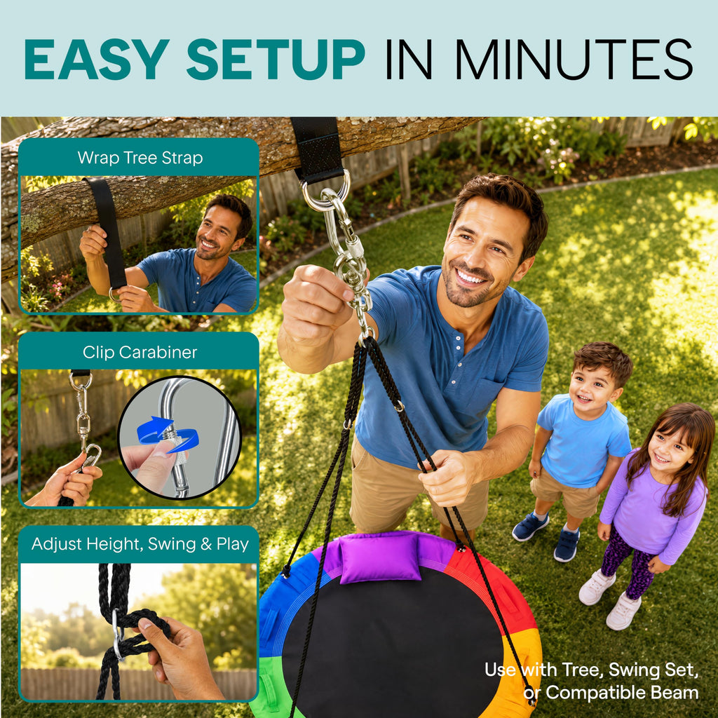 SereneLife Saucer Swing, Tree Swing, 40 Inch, 900lb Heavy Duty Capacity for Kids, 900D Oxford Waterproof Seat, Adjustable Height Ropes, 2 Strap Tree Hang Kit, Center Swivel Spinner, Black
