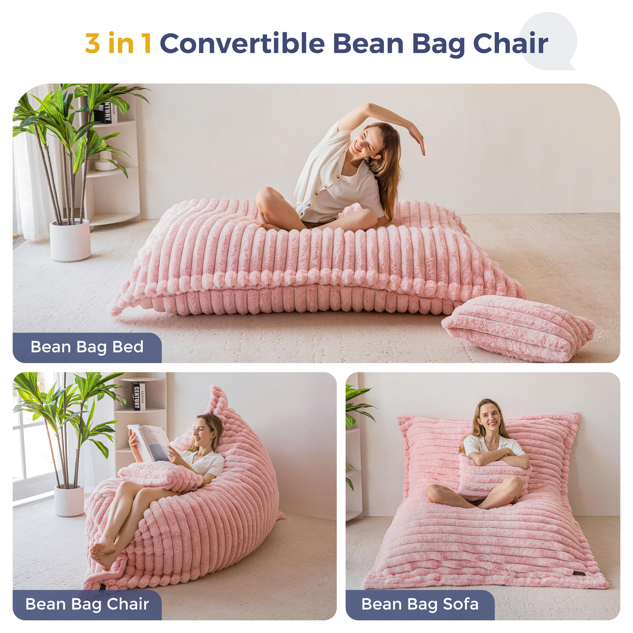 MAXYOYO Giant Bean Bag Chair with Pillow, 3 in 1 Convertible Bean Bag Chair for Adults with Washable Cover, Removable Floor Cushion Stuffed Floor Lounger for Living Room Bedroom, Pink, Full
