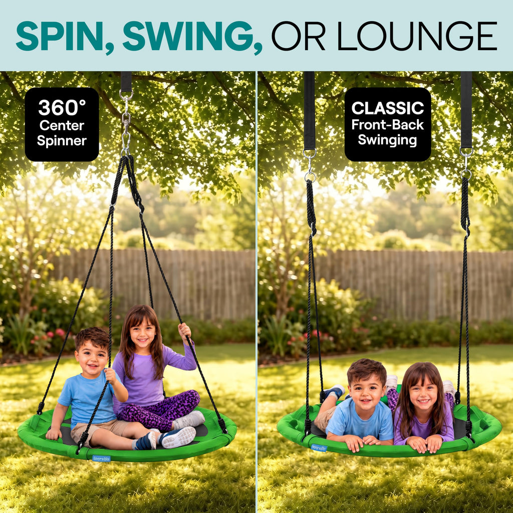 SereneLife Saucer Swing, Tree Swing, 40 Inch, 900lb Heavy Duty Capacity for Kids, 900D Oxford Waterproof Seat, Adjustable Height Ropes, 2 Strap Tree Hang Kit, Center Swivel Spinner, Black