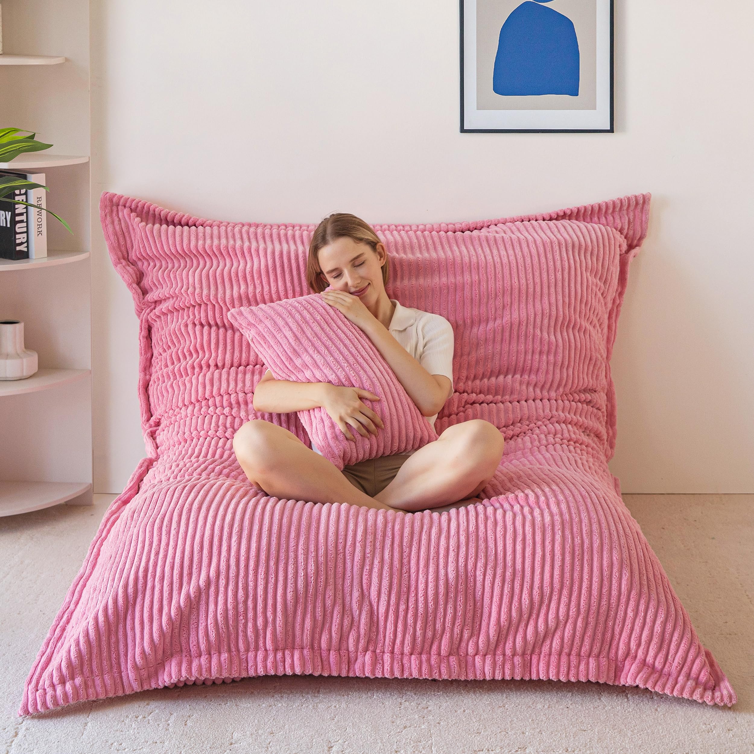 MAXYOYO Giant Bean Bag Chair with Pillow, 3 in 1 Convertible Bean Bag Chair for Adults with Washable Cover, Removable Floor Cushion Stuffed Floor Lounger for Living Room Bedroom, Pink, Full