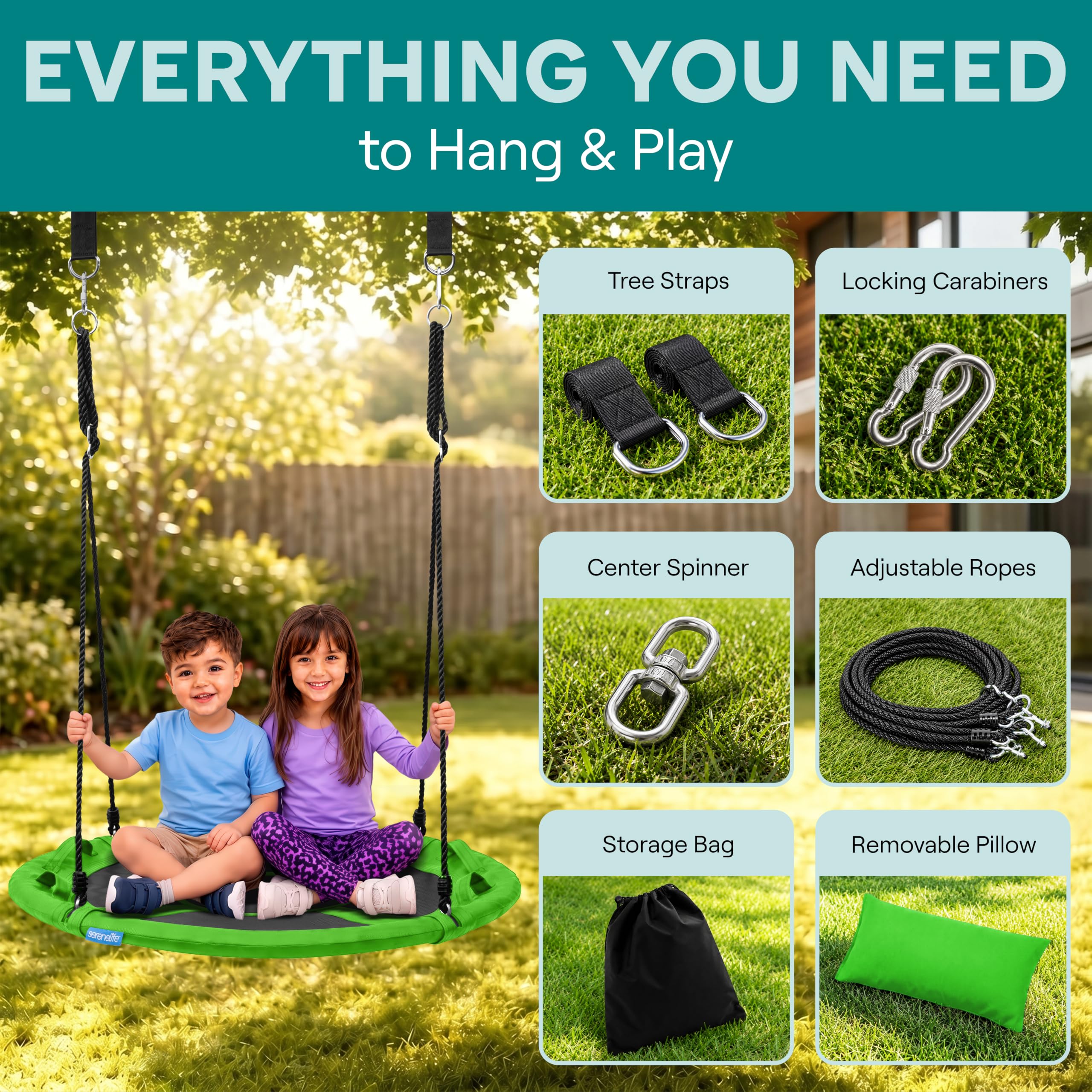 SereneLife Saucer Swing, Tree Swing, 40 Inch, 900lb Heavy Duty Capacity for Kids, 900D Oxford Waterproof Seat, Adjustable Height Ropes, 2 Strap Tree Hang Kit, Center Swivel Spinner, Black