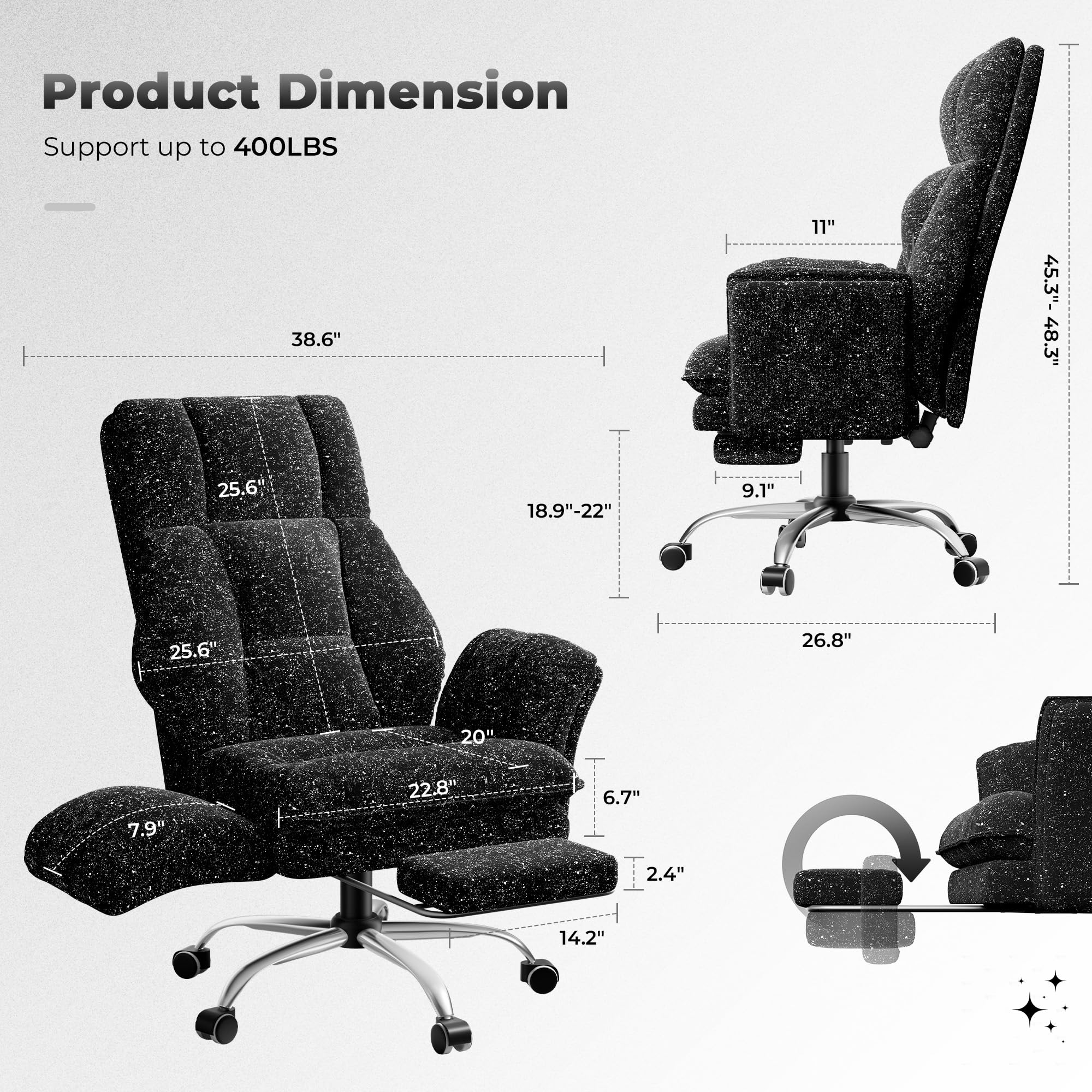 Big and Tall Office Chair, Flip Armrests for Pets & Cross Legged Sitting, Executive Ergonomic Computer Gaming Chair with Foot Rest, Premium Tech Fabric Wide Seat Reclining Desk Chair