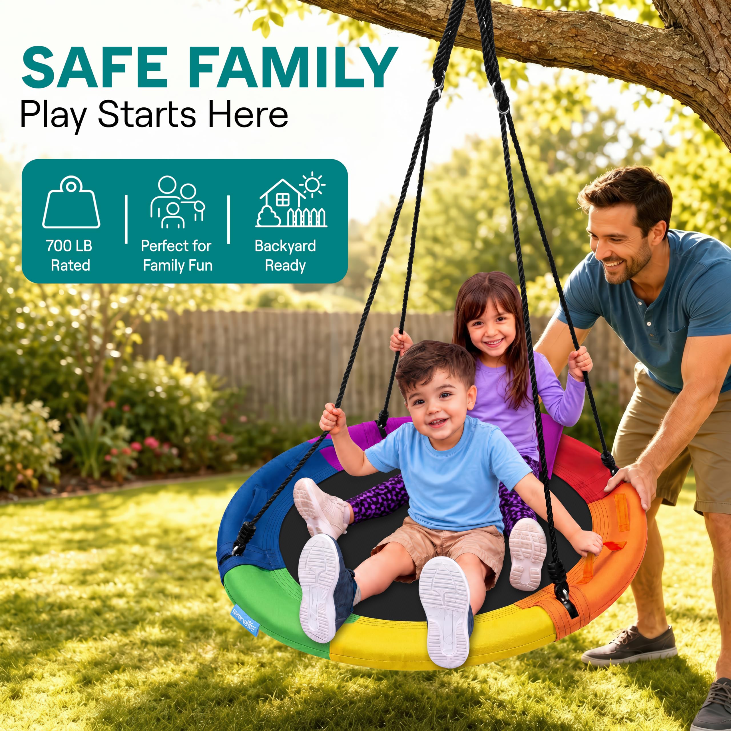 SereneLife Saucer Swing, Tree Swing, 40 Inch, 900lb Heavy Duty Capacity for Kids, 900D Oxford Waterproof Seat, Adjustable Height Ropes, 2 Strap Tree Hang Kit, Center Swivel Spinner, Black