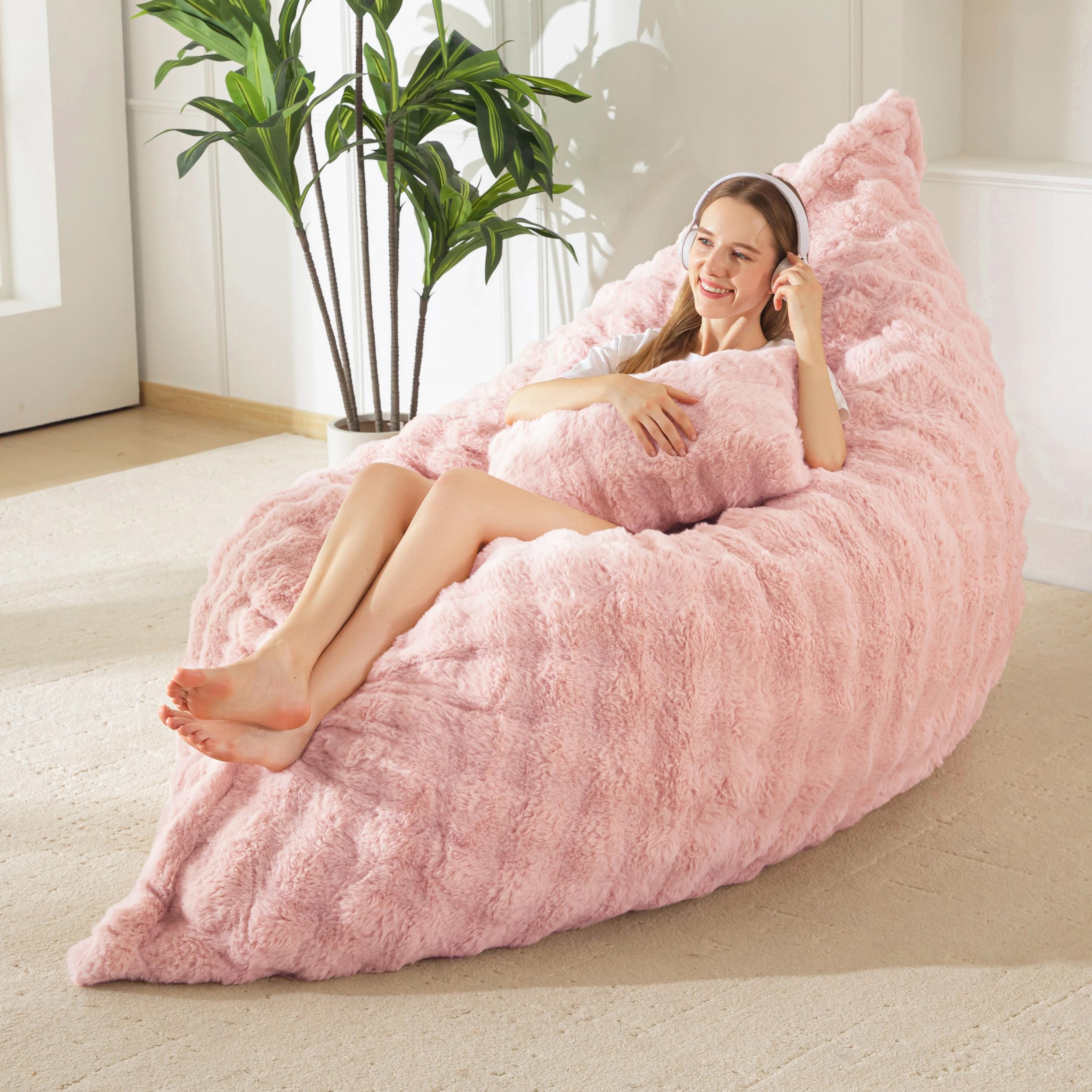 MAXYOYO Giant Bean Bag Chair with Pillow, 3 in 1 Convertible Bean Bag Chair for Adults with Washable Cover, Removable Floor Cushion Stuffed Floor Lounger for Living Room Bedroom, Pink, Full