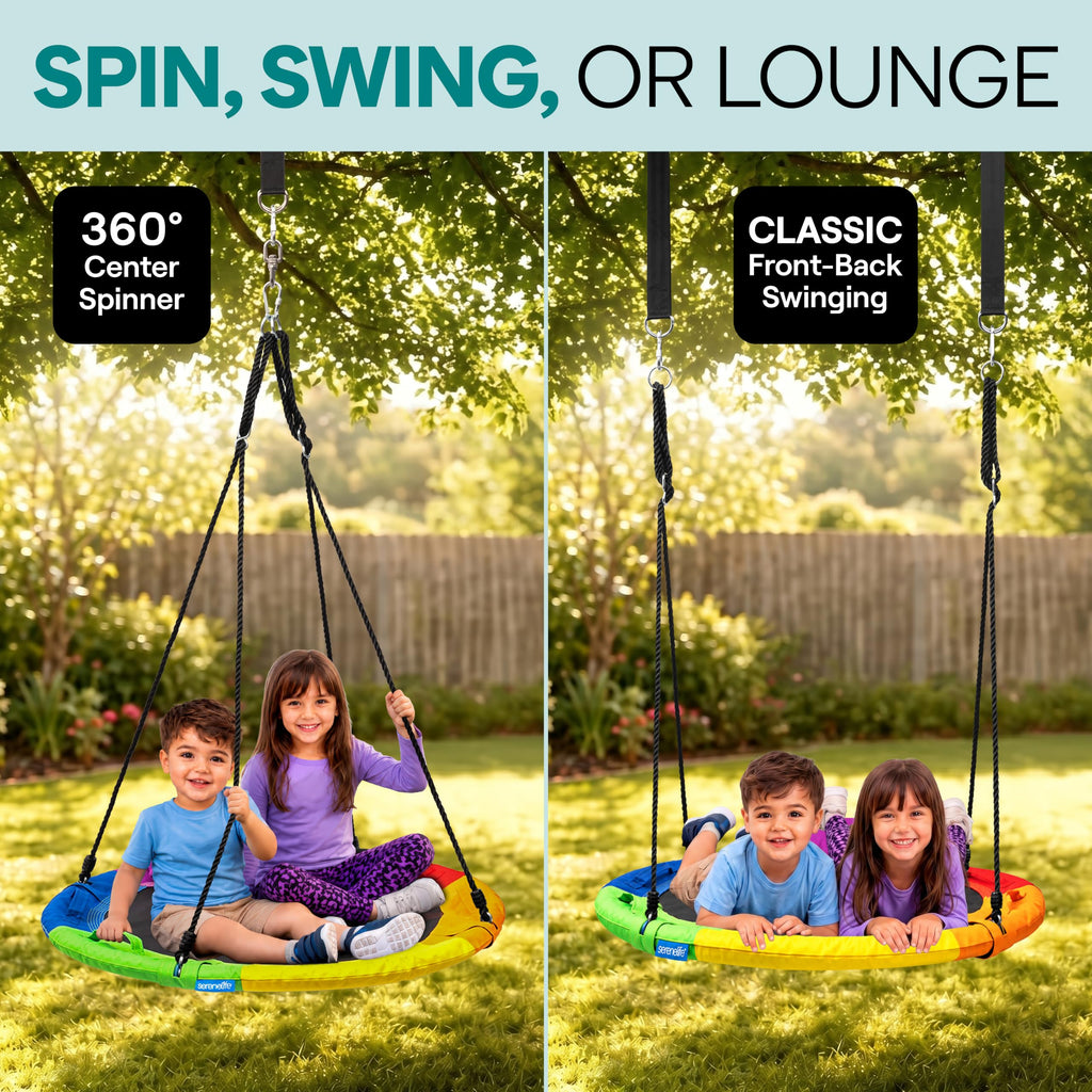 SereneLife Saucer Swing, Tree Swing, 40 Inch, 900lb Heavy Duty Capacity for Kids, 900D Oxford Waterproof Seat, Adjustable Height Ropes, 2 Strap Tree Hang Kit, Center Swivel Spinner, Black