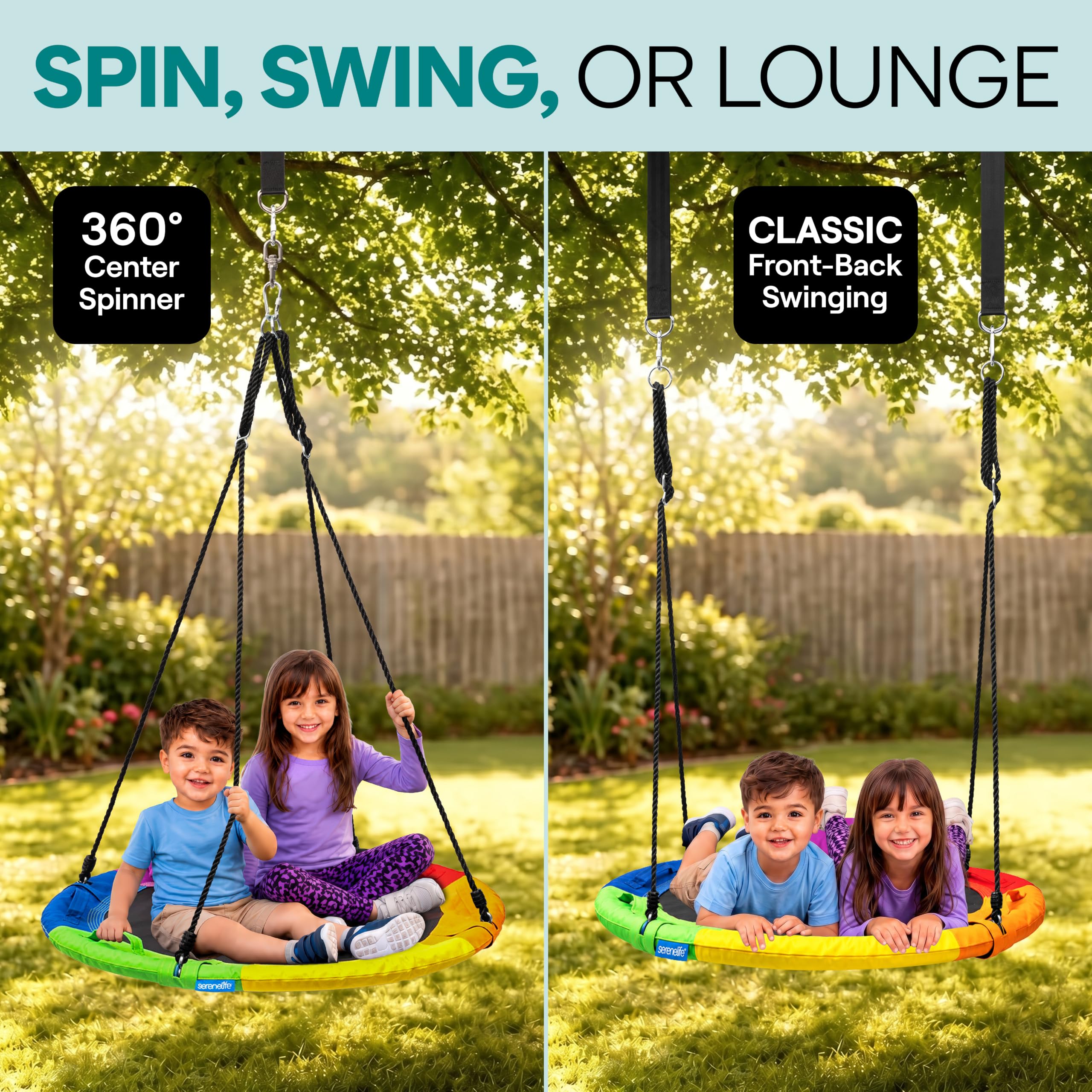 SereneLife Saucer Swing, Tree Swing, 40 Inch, 900lb Heavy Duty Capacity for Kids, 900D Oxford Waterproof Seat, Adjustable Height Ropes, 2 Strap Tree Hang Kit, Center Swivel Spinner, Black