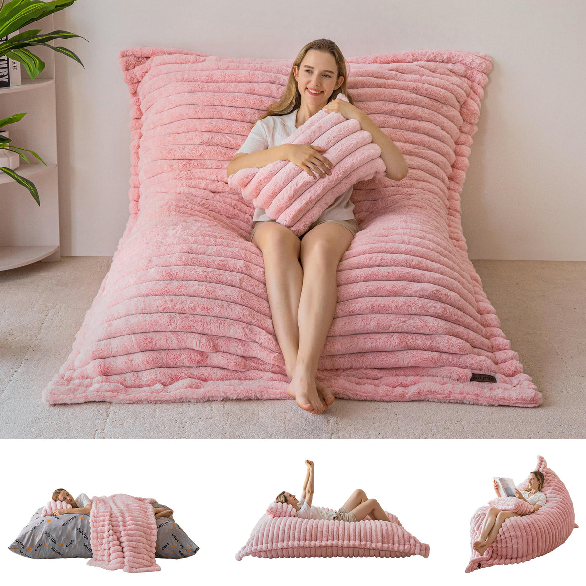 MAXYOYO Giant Bean Bag Chair with Pillow, 3 in 1 Convertible Bean Bag Chair for Adults with Washable Cover, Removable Floor Cushion Stuffed Floor Lounger for Living Room Bedroom, Pink, Full