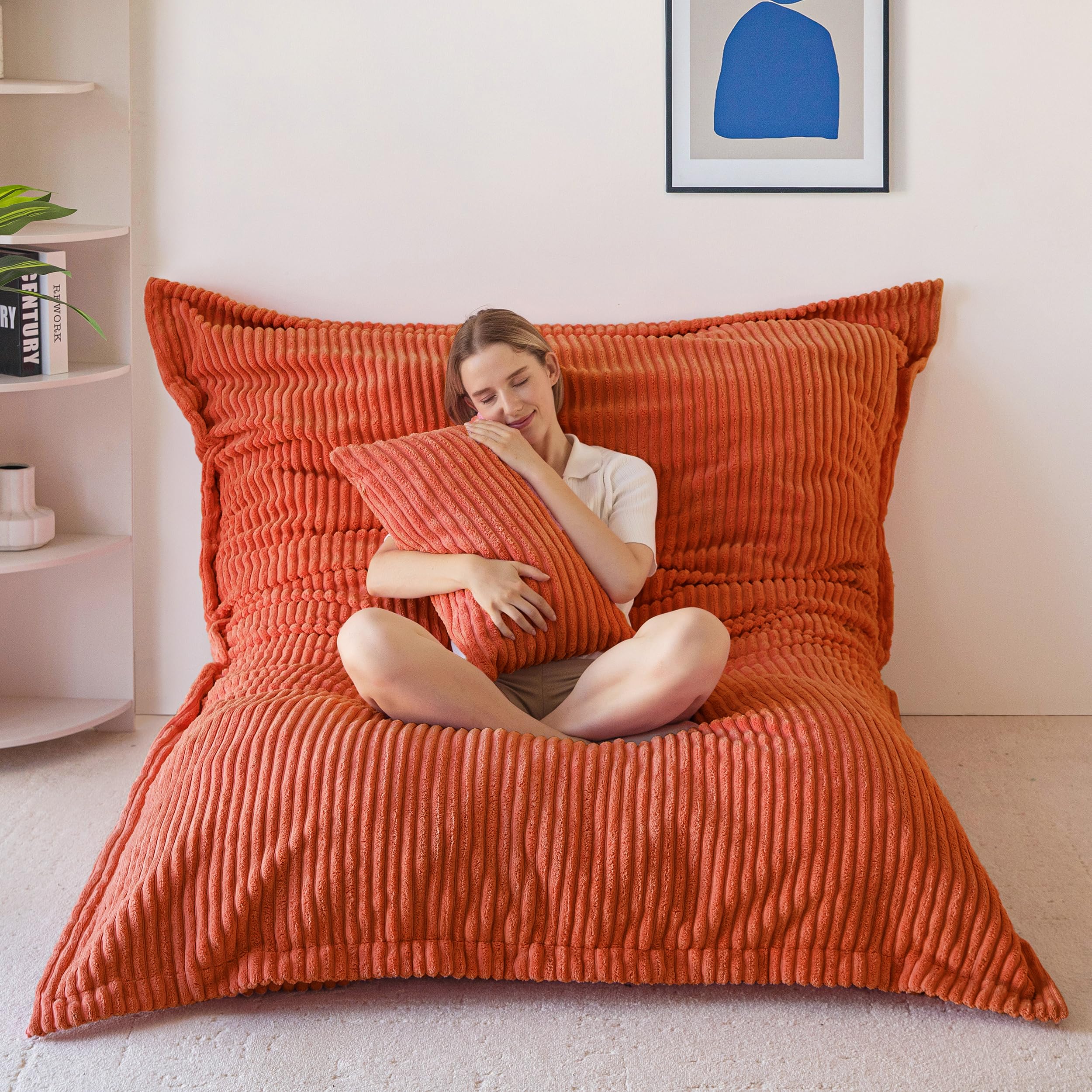 MAXYOYO Giant Bean Bag Chair with Pillow, 3 in 1 Convertible Bean Bag Chair for Adults with Washable Cover, Removable Floor Cushion Stuffed Floor Lounger for Living Room Bedroom, Pink, Full