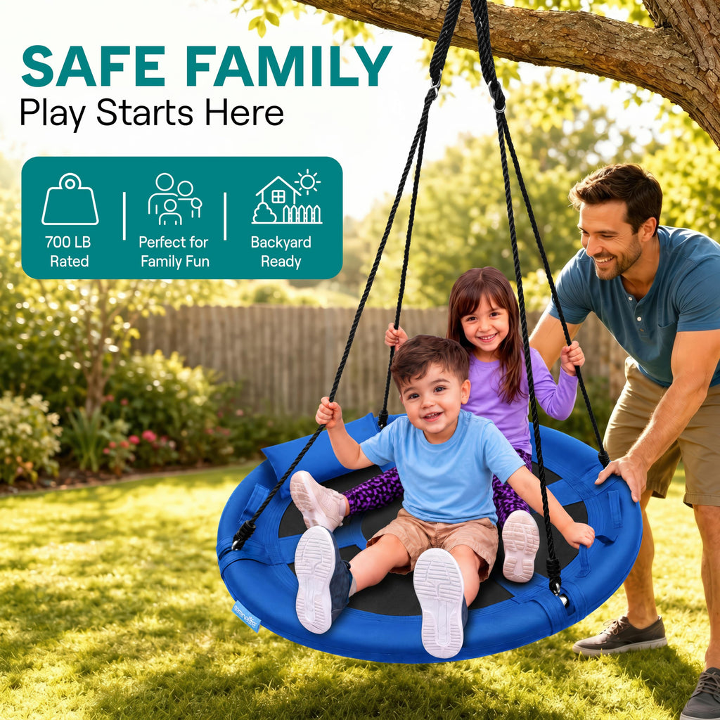 SereneLife Saucer Swing, Tree Swing, 40 Inch, 900lb Heavy Duty Capacity for Kids, 900D Oxford Waterproof Seat, Adjustable Height Ropes, 2 Strap Tree Hang Kit, Center Swivel Spinner, Black