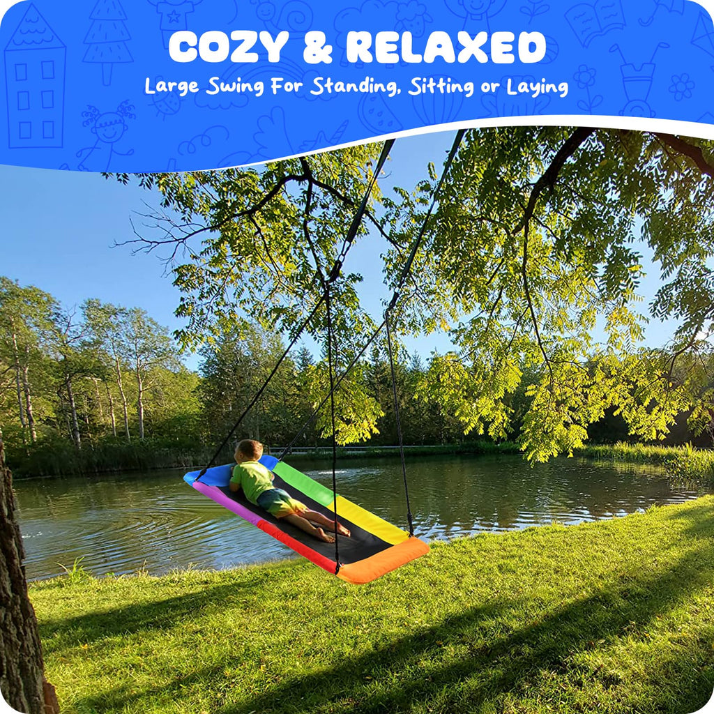 Trekassy 60" Extra Large Rectangle Tree Swing - Heavy Duty 700lb Capacity, Waterproof Platform for Kids & Adults with Complete Installation Kit & 2 Tree Straps (Beige)