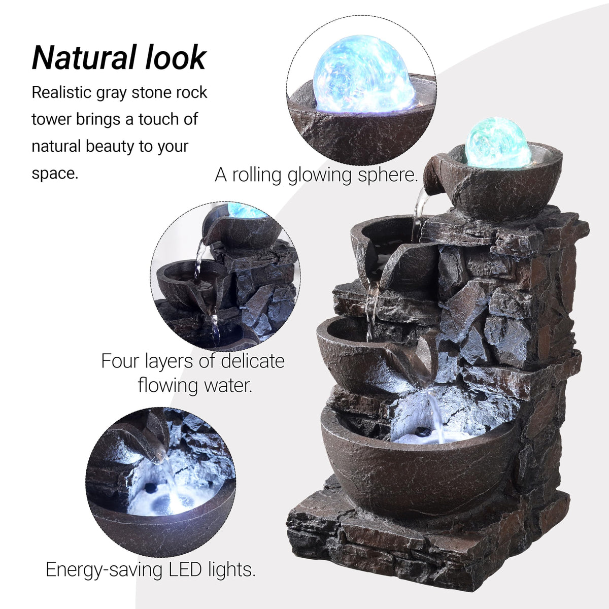 Tabletop Indoor Water Fountain – 3-Tier Rock Waterfall Fountain with Warm LED Light and DIY Planting Pot – Relaxing Small Water Feature for Desk or Home Decor (23061)
