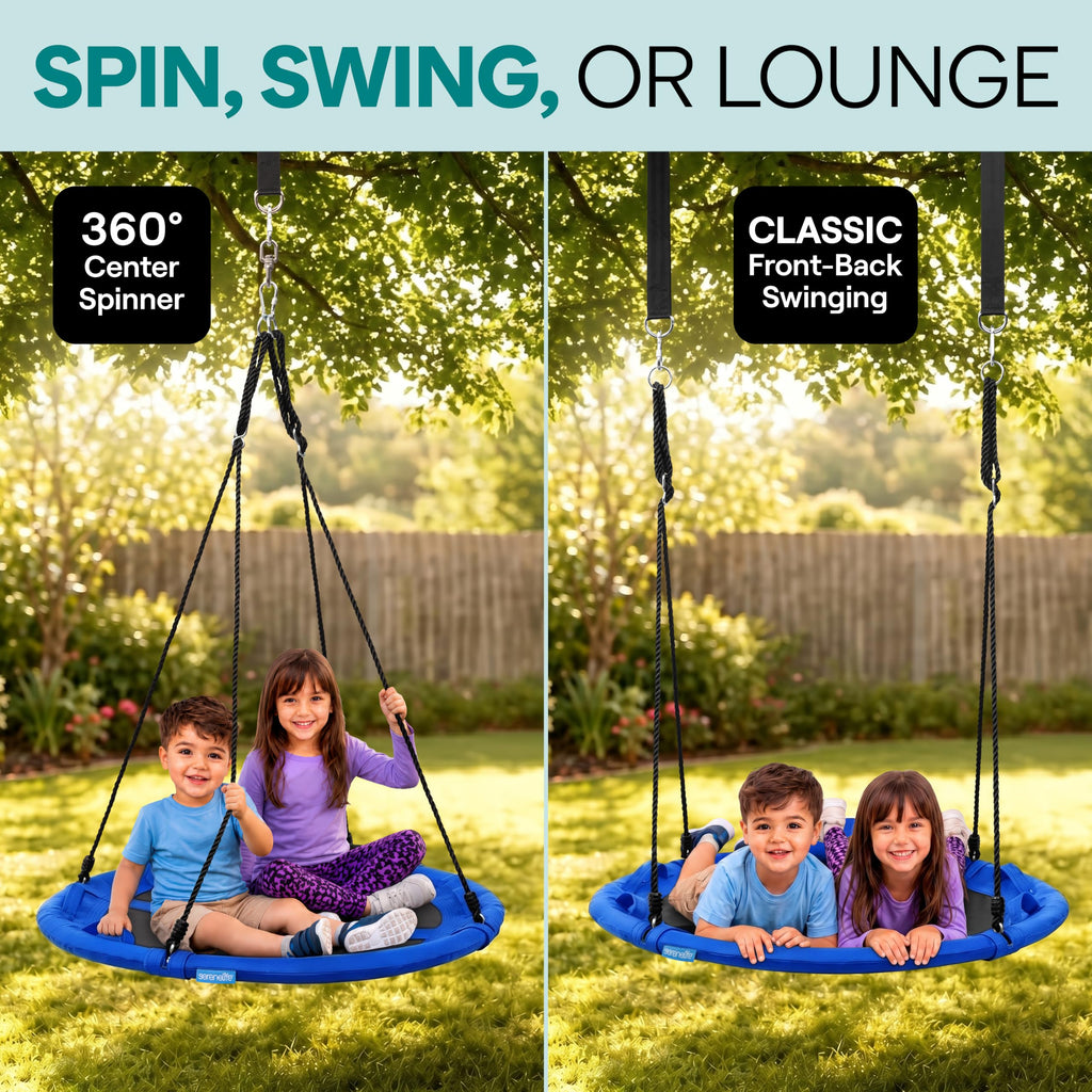 SereneLife Saucer Swing, Tree Swing, 40 Inch, 900lb Heavy Duty Capacity for Kids, 900D Oxford Waterproof Seat, Adjustable Height Ropes, 2 Strap Tree Hang Kit, Center Swivel Spinner, Black