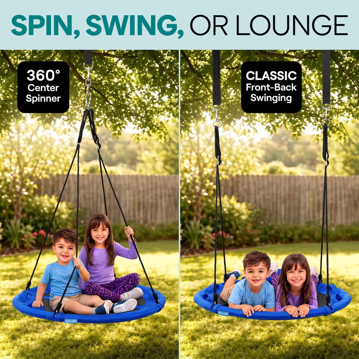 SereneLife Saucer Swing, Tree Swing, 40 Inch, 900lb Heavy Duty Capacity for Kids, 900D Oxford Waterproof Seat, Adjustable Height Ropes, 2 Strap Tree Hang Kit, Center Swivel Spinner, Black