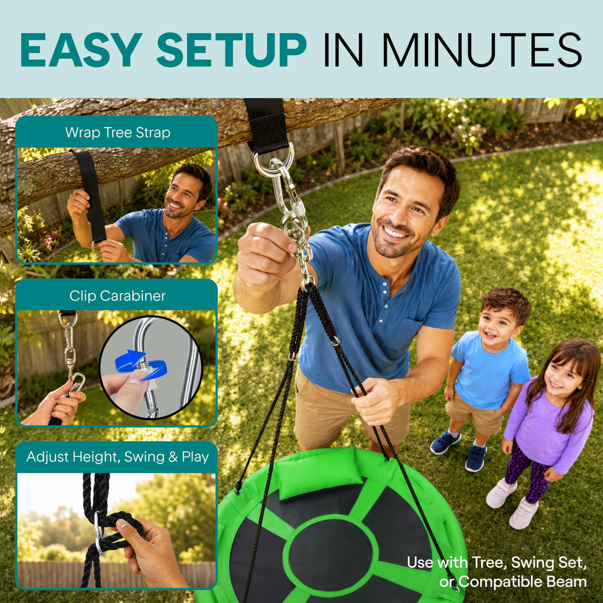 SereneLife Saucer Swing, Tree Swing, 40 Inch, 900lb Heavy Duty Capacity for Kids, 900D Oxford Waterproof Seat, Adjustable Height Ropes, 2 Strap Tree Hang Kit, Center Swivel Spinner, Black