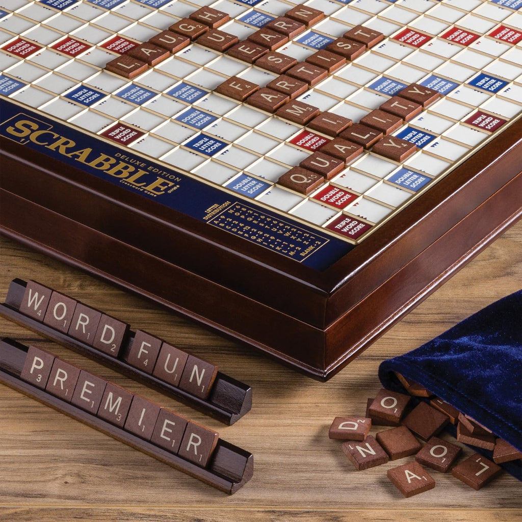 WS Game Company Scrabble Deluxe Edition Board Game Featuring a Rotating Wooden Game Cabinet with Built-in Storage and Raised Letter Tile Grid — Board Games for 2-4 Players (Ages 8+)