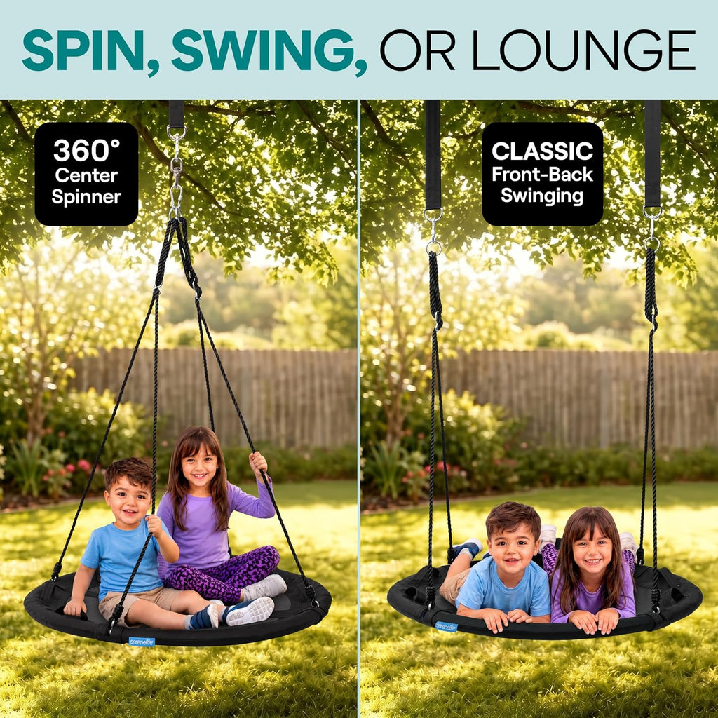 SereneLife Saucer Swing, Tree Swing, 40 Inch, 900lb Heavy Duty Capacity for Kids, 900D Oxford Waterproof Seat, Adjustable Height Ropes, 2 Strap Tree Hang Kit, Center Swivel Spinner, Black